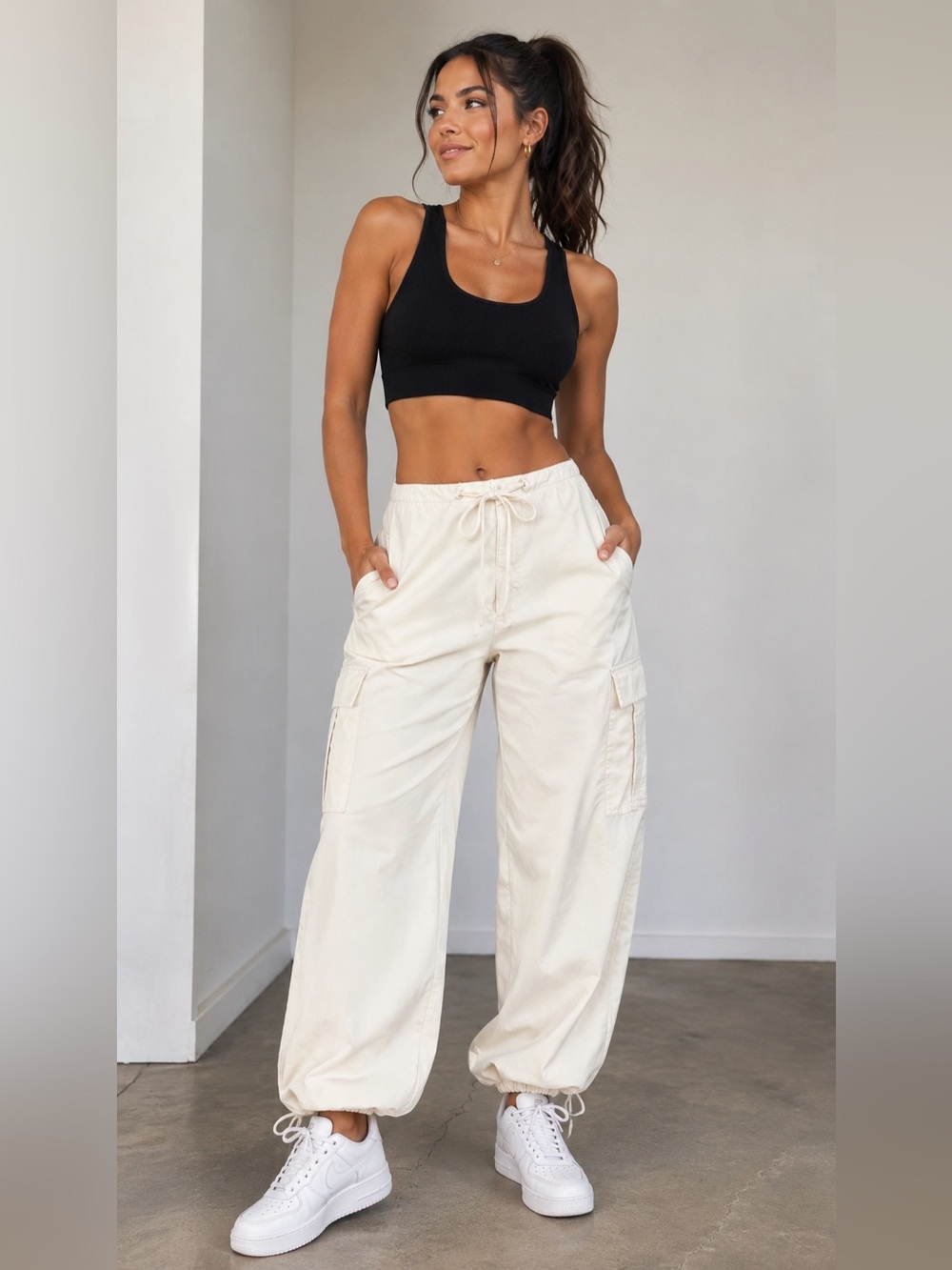 Good American Cream Parachute Cargo Pants Plus Size 5